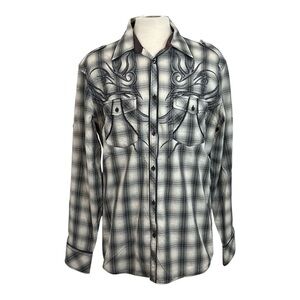 ROAR Strength Refined Men XXL Gray Tan Plaid Embroidered Button Up Shirt Western